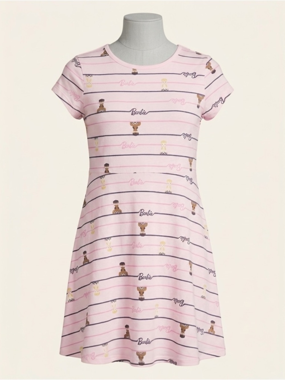 Mattel Barbiecore Pink Striped Skater Dress Print Short Sleeve Girls Size L